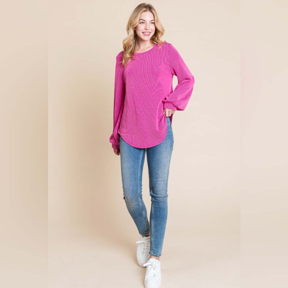 BOMBOM Long Sleeve Curved Hem Ribbed T-Shirt - Picture 4 of 4